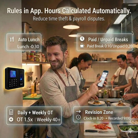Straight Up Plug And Play Biometric Fingerprint Time Clock displayed in a restaurant setting syncing with a mobile app.
