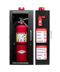 Heavy Duty Fire Extinguisher Cabinet With Alarm And Secure Lock Featuring Clear Breakable Acrylic Window, showing red extinguisher and safety instructions.