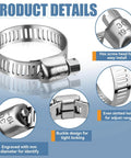 45 Piece Stainless Steel Hose Clamp Kit With Worm Gear Adjustable From 1/4 To 1-1/8 Inches (6-29 Mm) For Plumbing Automotive And Mechanical Applications Corrosion Resistant 304 Stainless Steel, showing product details like hex screw head and buckle design.