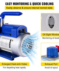 Heavy Duty 4.8 CFM 1/3 HP Auto AC Vacuum Pump With Integrated Manifold And Anti Reflex Oil Solid Die Cast Housing, features oil sight window and enlarged heat sink.