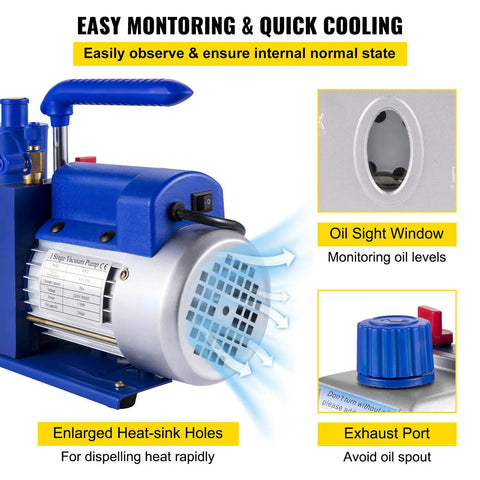 Heavy Duty 4.8 CFM 1/3 HP Auto AC Vacuum Pump With Integrated Manifold And Anti Reflex Oil Solid Die Cast Housing, features oil sight window and enlarged heat sink.