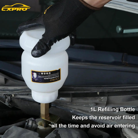 Pro Grade 24 Piece Brake Bleeder Kit With Vacuum Brake Fluid Extractor 1L refilling bottle in use under car hood