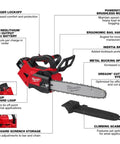 M18 FUEL 14-Inch Top Handle Chainsaw Kit with labeled features including brushless motor, ergonomic handle, and battery details.