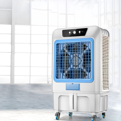 Top Shelf 63 Inch Portable Evaporative Air Cooler With Massive Water Tank For Patios Garages And Decks Pulls Hot Air Out For Crisp Zone Chill Wherever You Kick Back, white with blue accents, wheeled for easy movement.