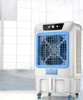 Massive Portable Evaporative Air Cooler With Giant Water Tank For Crisp Cold Fresh Air, 57 Inch model with blue accents.
