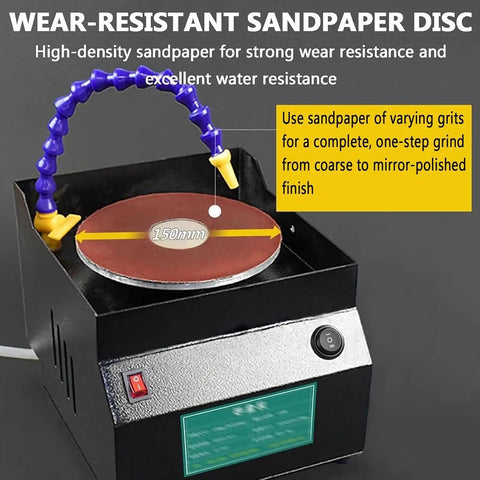 Wear-resistant sandpaper disc on electric knife sharpener for high durability and water resistance, 150mm size.