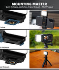 Lil Portable Mini LED Video Light For Action Cameras With Cold Shoe And Quick Release Mounts shown on cameras and tripods