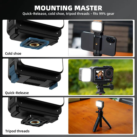Lil Portable Mini LED Video Light For Action Cameras With Cold Shoe And Quick Release Mounts shown on cameras and tripods