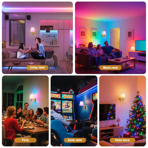 Slick Wireless Wall Sconces Set Of Two, Dimmable Led Bulbs With Remote, 15 Color Changing Gold Fabric Lamps, Hella Easy To Install, Battery Powered Zero Wiring For Bedroom Living Room in cozy living room and game room settings.