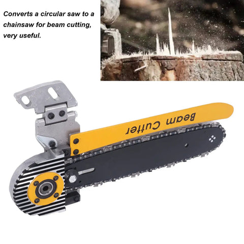 Beast Mode 12 Inch Beam Cutter Attachment for 7.25 Inch Saws, shown with footplate and cutting action demonstration.