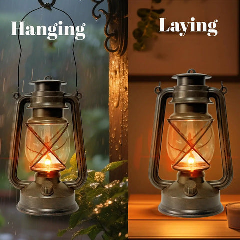 Vintage LED Outdoor Lantern With Dancing Flame Wick, Battery Powered Waterproof Camping Lamp, Hanging Lantern, Bronze Color