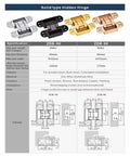 Diagram showing solid type hidden hinge in silver, black, and gold with specifications for ZDB-40 and ZDB-80 models.