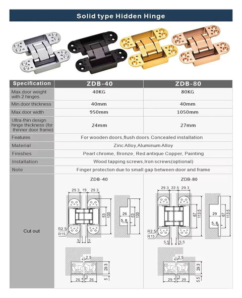 Diagram showing solid type hidden hinge in silver, black, and gold with specifications for ZDB-40 and ZDB-80 models.