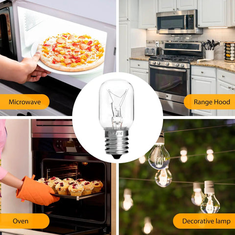 Microwave Light Bulbs 125V 40W for GE Whirlpool Maytag Kenmore Over Range Hood Dimmable Replacement Bulbs 2 Pack shown in various uses