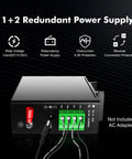 Industrial 5 Port Ethernet Switch rear view with redundant power supply features and connections, rugged aluminum build.