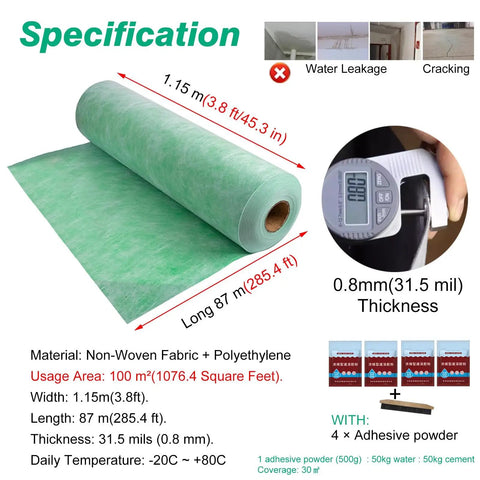 Heavy Duty Waterproof Membrane Roll For Indoor Outdoor Projects Built To Last Flexible Diy Water Barrier For Basement Shower Roof No Sweat Prep Straight Up Tough Underlayment Solution, 1.15m wide, 31.5mil thick, green non-woven fabric.