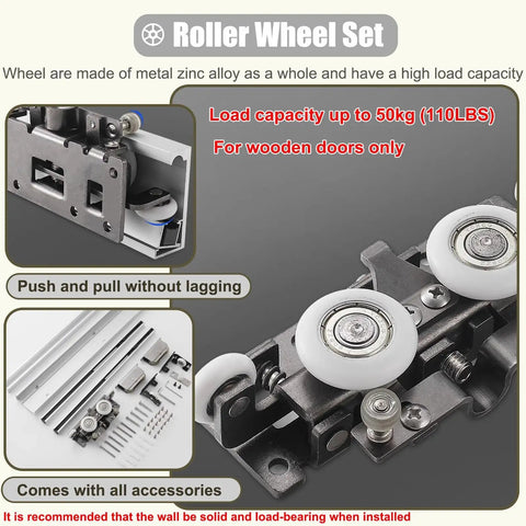 Trackless Barn Door Hardware Kit With Silent Rollers includes zinc alloy roller wheels and accessories, supports up to 110 pounds.