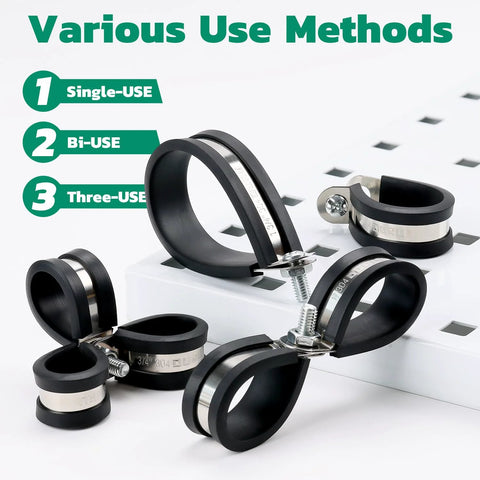 Angled view of rubber-coated stainless steel cable clamp kit with 12 sizes and 125 pieces