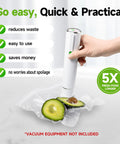 Vixino vacuum sealer bags in use; white handheld sealer sealing a bag with avocado halves; BPA-free.