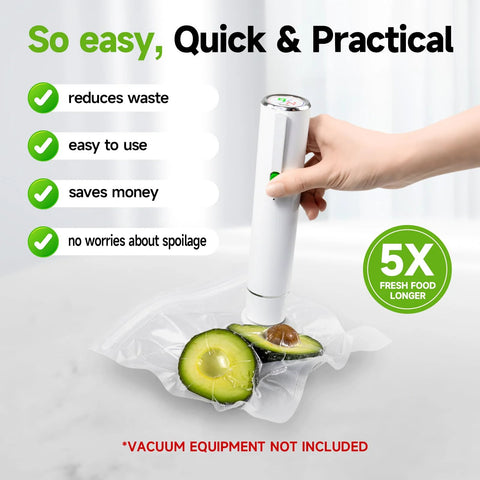 Vixino vacuum sealer bags in use; white handheld sealer sealing a bag with avocado halves; BPA-free.