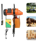 Tough As Nails 1300W Electric Chain Hoist Featuring Pure Copper Motor and dual chain, showing remote and hooks for lifting tasks.