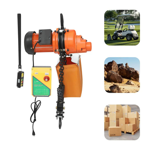 Tough As Nails 1300W Electric Chain Hoist Featuring Pure Copper Motor and dual chain, showing remote and hooks for lifting tasks.
