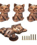 Hella Adorable 3D Sitting Cat Cabinet Knobs Four Pack Vintage Metal Drawer Pulls For Kitchen Cabinetry Upgrades With Embossed Fur Texture And A Super Chill Vibe To Liven Up Your House Today featuring four solid zinc cat knobs and screws.