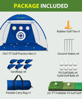 Heavy Duty Golf Practice Net 10 By 7 Foot With Tri Turf Mat All In One Backyard Driving And Chipping Swing Training Aid For Indoor Or Outdoor Use Blue Large Central Target And Two Side Pockets package contents including net, mat, balls, stakes, and tee.