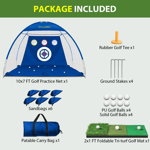 Heavy Duty Golf Practice Net 10 By 7 Foot With Tri Turf Mat All In One Backyard Driving And Chipping Swing Training Aid For Indoor Or Outdoor Use Blue Large Central Target And Two Side Pockets package contents including net, mat, balls, stakes, and tee.