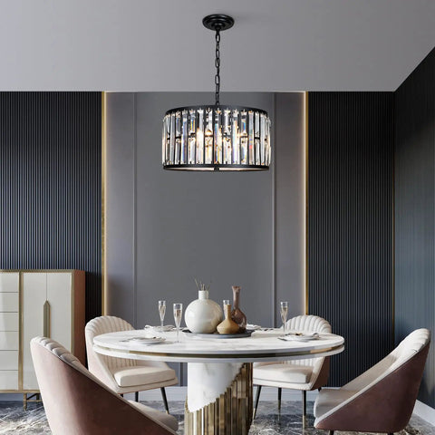 Crystal Drum Chandelier For Dining Room And Kitchen Island, 6-light K9 crystal, black finish over round dining table setup.