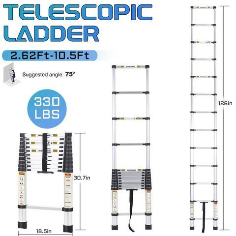 Workhorse 10.5 Ft Aluminum Telescoping Ladder With Non Slip Feet Portable Home And Outdoor Extension Ladder 330 Lb Capacity Auto Lock Rung System For Stability Easy Reach For Roof Window Gutters And RV Access, extended view