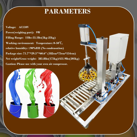 Heavy Duty Semi Automatic Paint Filler And Bucket Capper With Precision Digital Scale; features stainless steel build and color paint buckets.