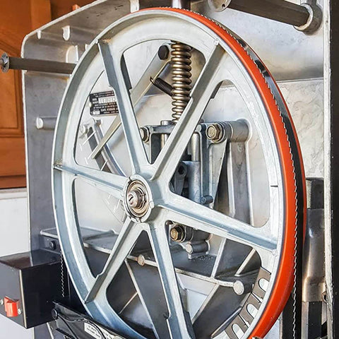 Installed Premium Urethane Bandsaw Tires 14 Inch By 1 Inch By 0.095 Inch Two Pack With Quick Install No Adhesive Needed For Smooth Blade Tracking And Traction On 14 Inch Saws Like Jet Grizzly Powermatic.