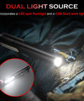 Rechargeable Pen Light With 800 Lumens LED, 6 Modes, COB Floodlight shown illuminating a work area, highlighting pocket size and durability.