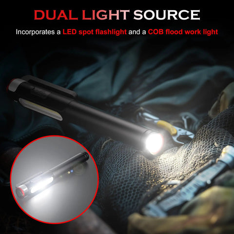Rechargeable Pen Light With 800 Lumens LED, 6 Modes, COB Floodlight shown illuminating a work area, highlighting pocket size and durability.