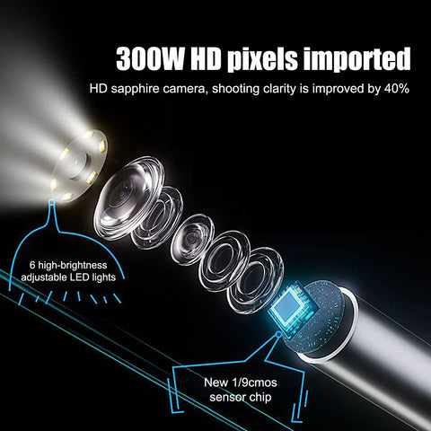 300W HD sapphire camera lens showcasing 6 LED lights and sensor chip for Heavy Duty Borescope Camera With Bendable Endoscope Lens For Tight Squeeze Diagnostics And Real Time Video Feed Slick Waterproof Inspection Rig That Gonna Nail Every Hard To Reach Job.