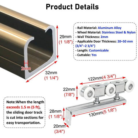 Heavy Duty Aluminum Barn Door Rail Set With Smooth As Butter Sliding Track Replacement Kit For Cabinet Doors Built Like A Tank Featuring Silent Rollers And Zero Sweat Installation, dimensions and materials illustrated.