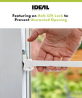 Extendable Aluminum Window Security Bar With Childproof Anti Lift Lock For Sliding Windows And Patio Doors White 15.7 To 26.75 Inches Easy Install Visual Deterrent Keeps Kids Safe And Boosts Your Home Security installed on patio door shown with hand engaging the lock