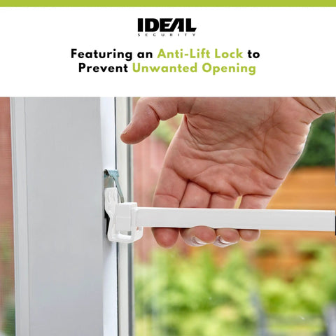 Extendable Aluminum Window Security Bar With Childproof Anti Lift Lock For Sliding Windows And Patio Doors White 15.7 To 26.75 Inches Easy Install Visual Deterrent Keeps Kids Safe And Boosts Your Home Security installed on patio door shown with hand engaging the lock