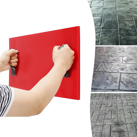 Lightweight Workhorse PU Concrete Stamp Mat With Handy Handles For Seamless Floor And Wall Stamping Cement Stamp Tool With Slate Stone Texture Imprint For Realistic Tile Look On Floors And Walls 27.5 By 15.7 By 0.8 Inches shown in use.