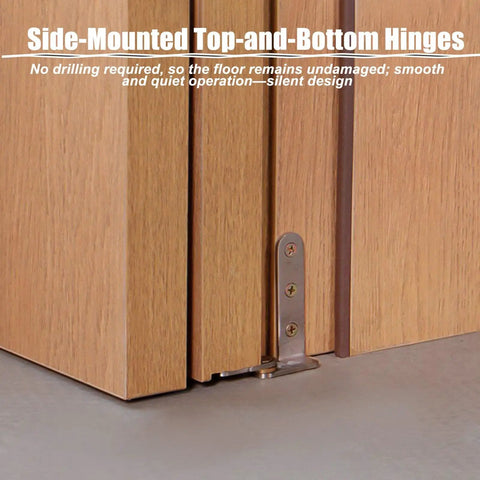 Heavy Duty 180 Degree Folding Door Hinge Kit With Space Saving Hidden Hardware For Bulletproof Full Open Swings and tight fit layouts, close-up of side-mounted hinges.
