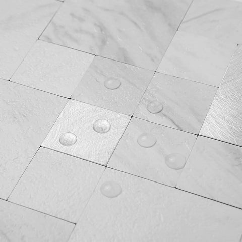 Close-up of tile detail from Self Adhesive Stainless Steel Tile Backsplash Kit With 10 Sheets Of 12 By 12 Inch Metal Tiles