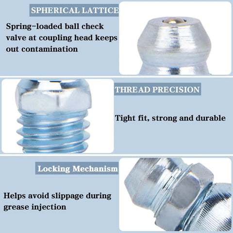 Close-up of fittings from 230 Piece SAE And Metric Grease Fittings Kit for Cars, Tractors, Boats, and Heavy Equipment, showing thread precision and locking mechanism.
