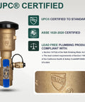 Front view: 1-inch brass pressure vacuum breaker backflow preventer with blue lever and black cap.
