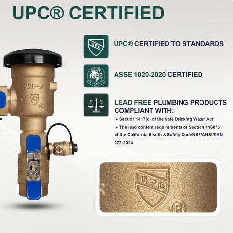 Front view: 1-inch brass pressure vacuum breaker backflow preventer with blue lever and black cap.