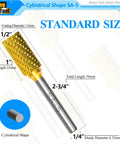Five Piece Tungsten Carbide Burr Set TiN Coated Double Cut Cylindrical For Die Grinder Bits 1/4 Inch Shank