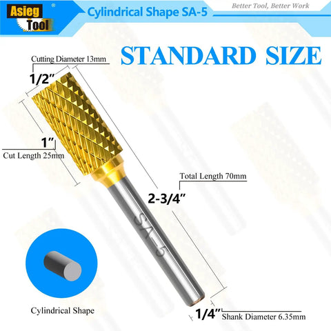 Five Piece Tungsten Carbide Burr Set TiN Coated Double Cut Cylindrical For Die Grinder Bits 1/4 Inch Shank