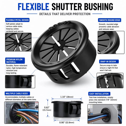 250 Pack Flexible Shutter Bushings Nylon Wire Grommets for Tight Cable Control with detailed features including snap-in design and sizes.