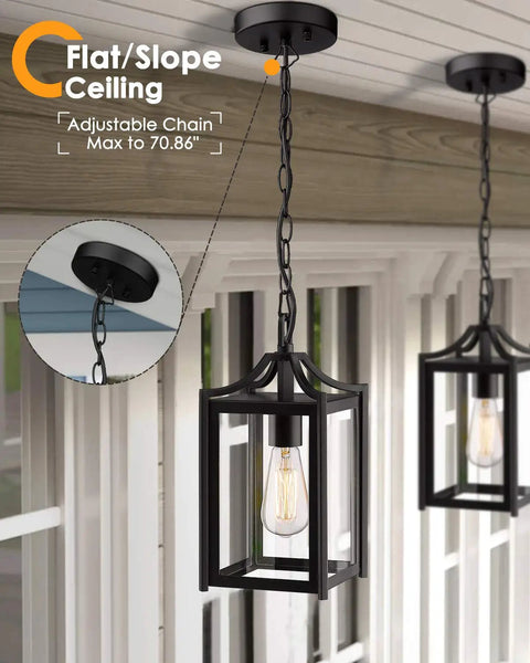 Large 14 Inch Outdoor Pendant Light With Adjustable Chain In Black Exterior Finish And Clear Glass For Porch Foyer Gazebo Patio