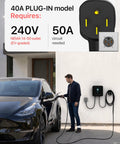 Plug And Play Level 2 EV Charger With Dope NACS Connector To Crank Your Battery Fast On Any 240 Volt Nema 14-50 Socket Smooth Operator. Man charging EV.